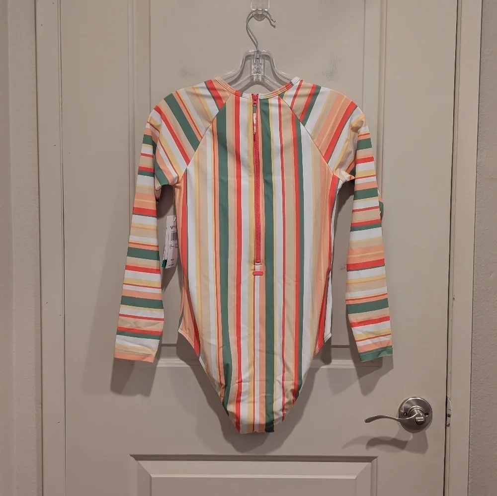 Roxy Girl’s Striped Long Sleeve Rash Guard One Piece Swimsuit Size XXL